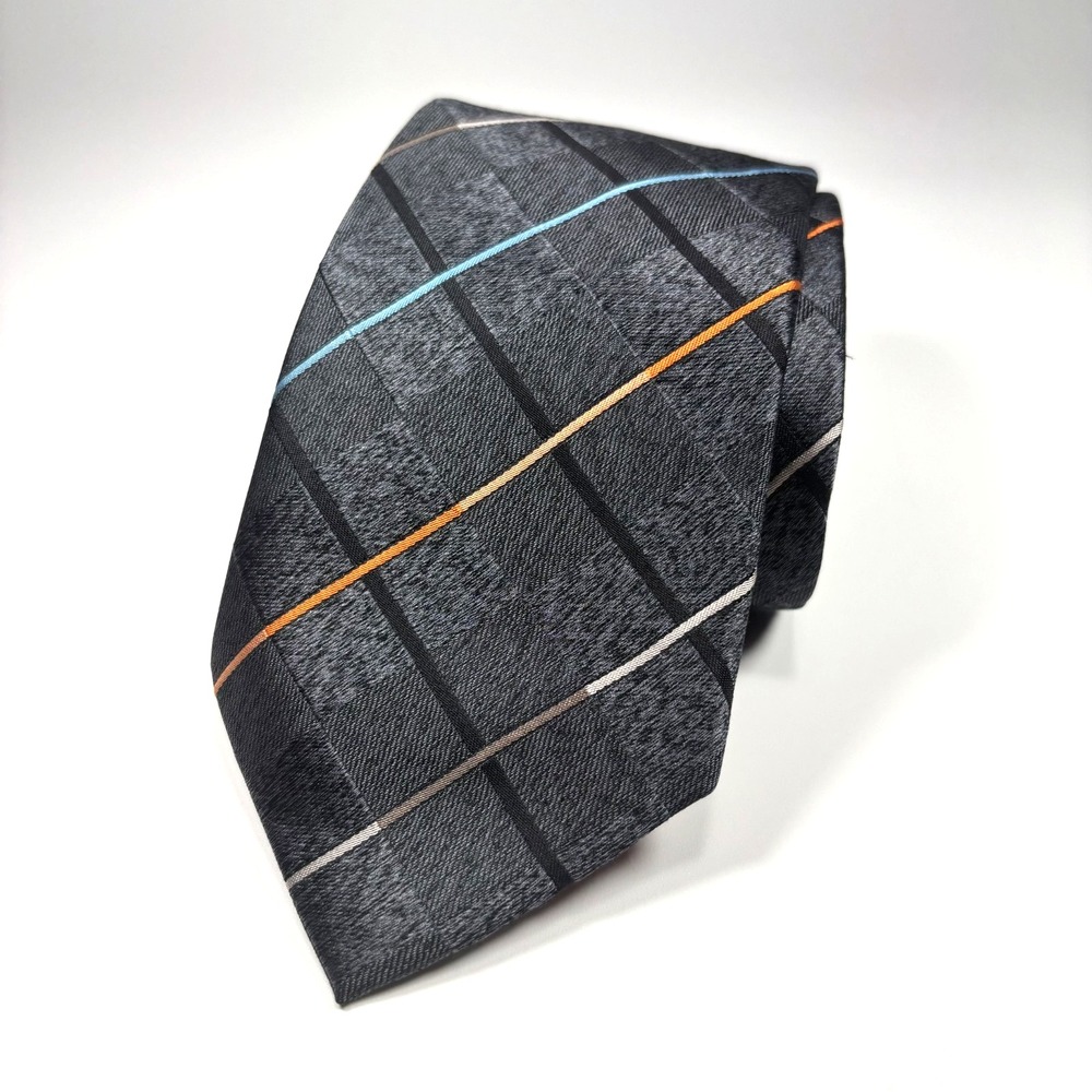 Ben Sherman London Mens Tie Gray w/ Blue-Orange Geomentric Stripes 100% Silk